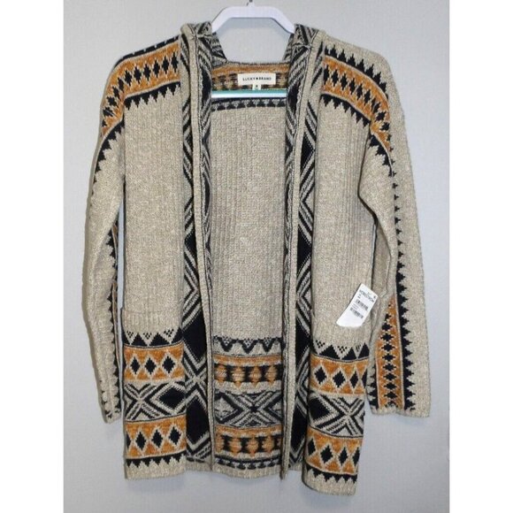LUCKY BRAND tan, black & orange knit open front sweater women's size XS, NEW - Picture 1 of 3